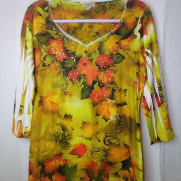 One World Shirt Women L Half Sleeve Beading Leaves Fall Autumn Green Orange - Picture 1 of 15